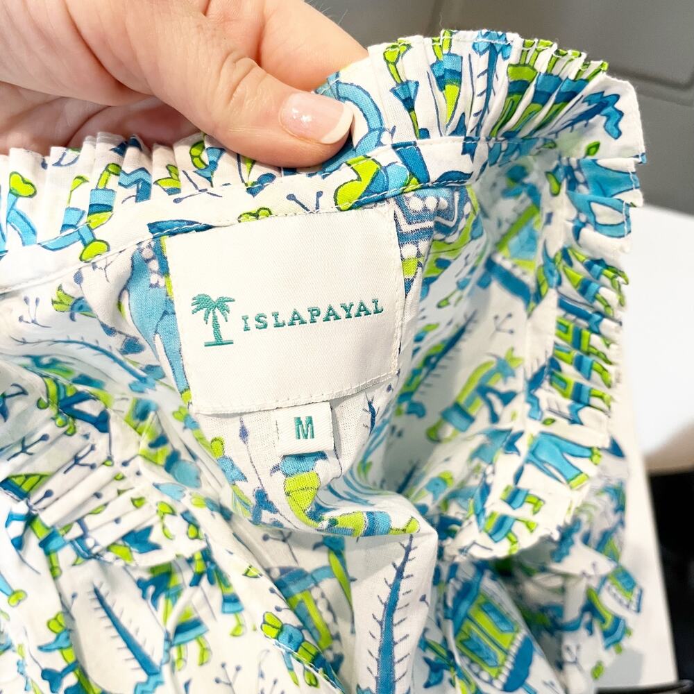 Islapayal Cotton Tunic Printed Ruffle Sleeve Mini Dress White Blue Green Medium - Picture 3 of 6